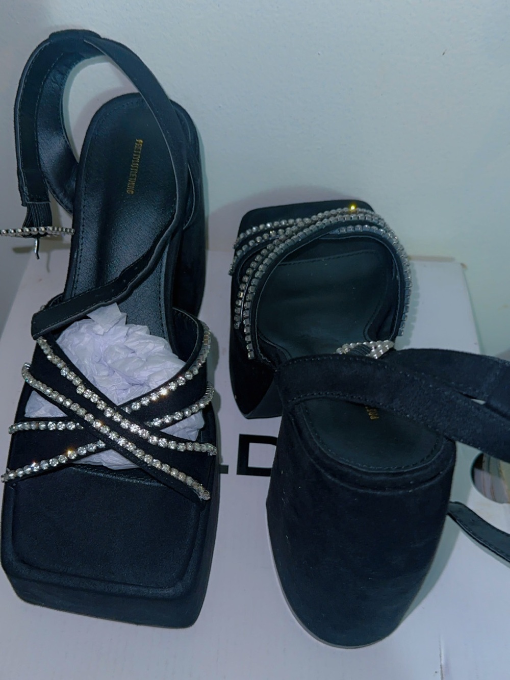 PrettyLittleThing Black Crystal-Strap Platform Heels